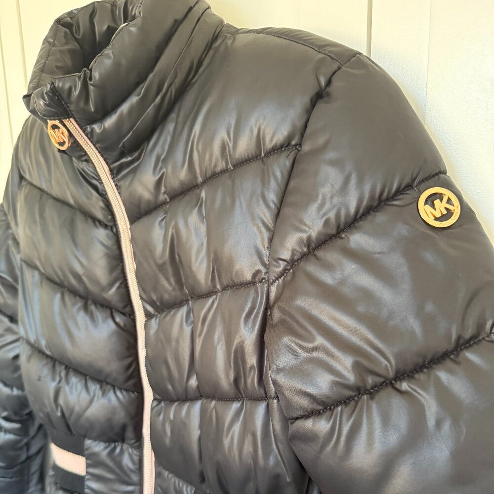 Michael Kors Kids Black Puffer Jacket Quilted Pink Fleece Lined MK Logo Zipper